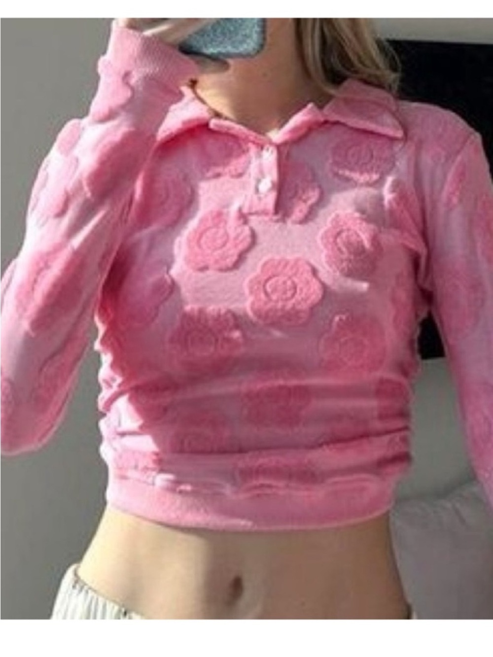 Frankie's Bikinis Pink Textured Floral Knit Polo Crop Top